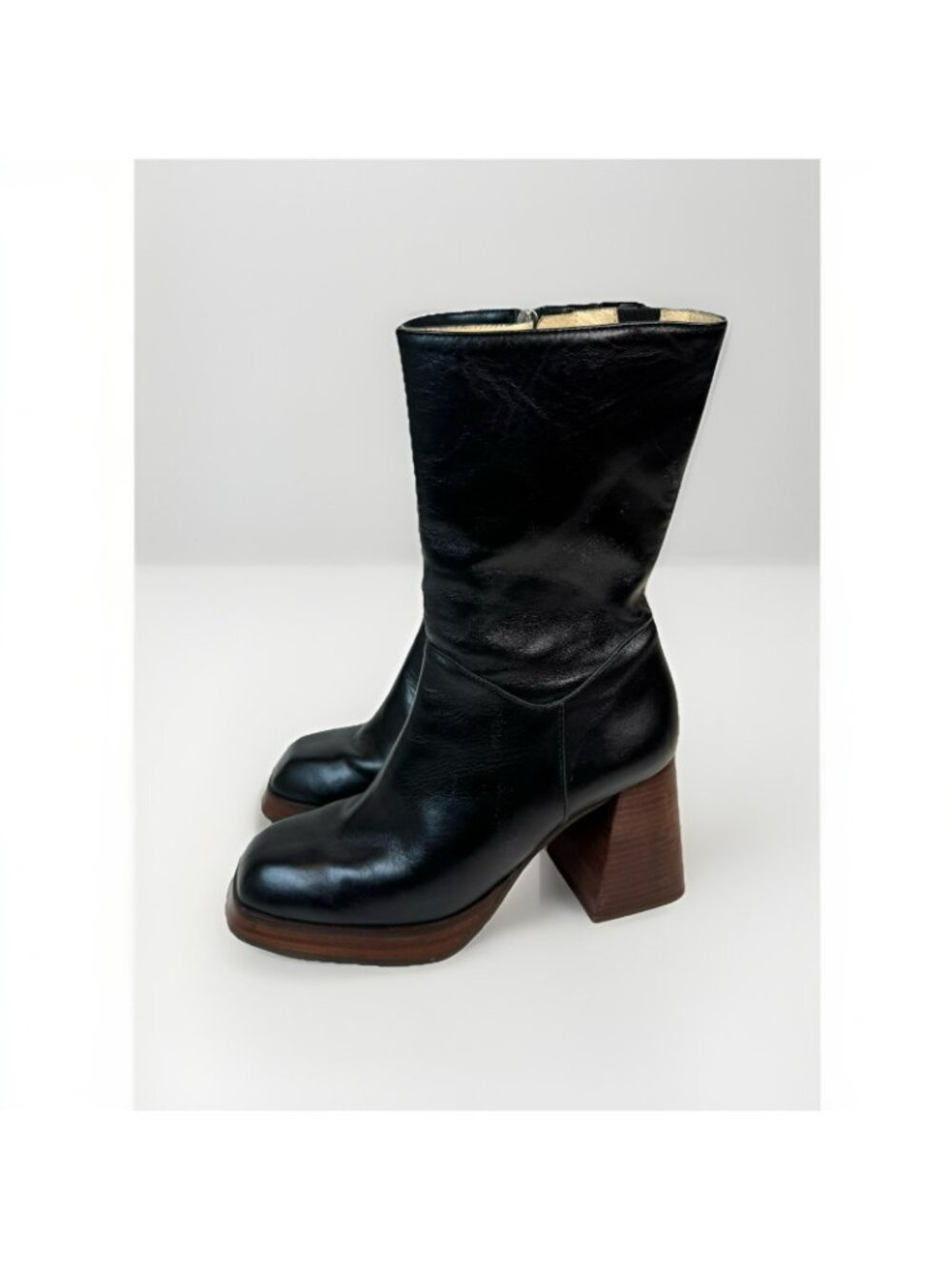 Ana Palma Mid Calf Leather Boots Black Block Heel Square Toe 90s Size 38 US 7 - Picture 4 of 12